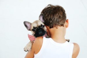 Shows a Pug being held by a boy. the boys back is facing the camera and the Pugs little head is on his shoulder
